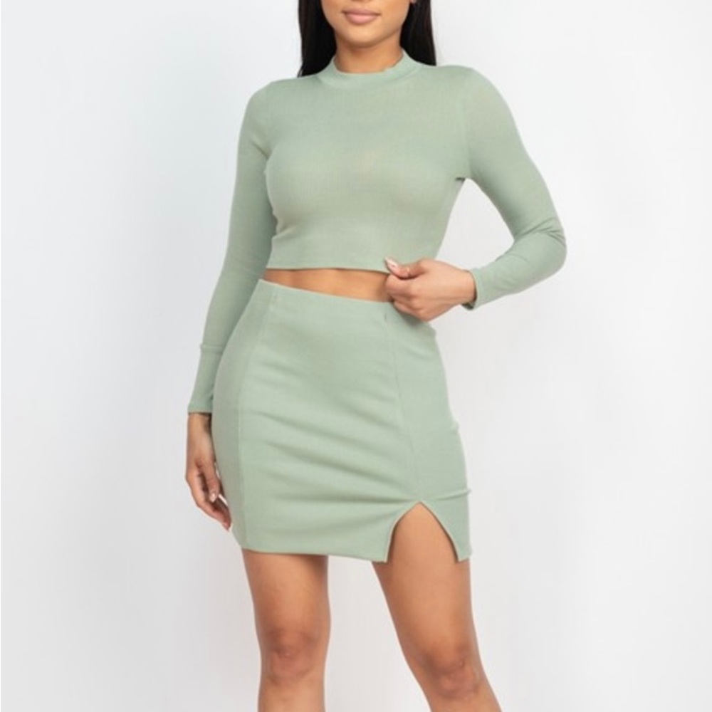 Solid Ribbed Crop Top and Skirt Set